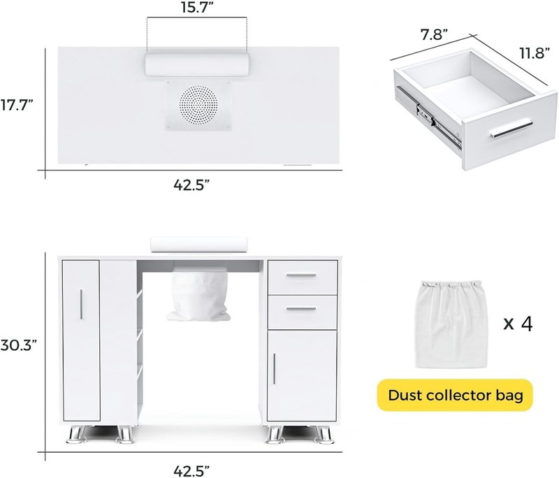 Skiennix Manicure Table - Acetone Resistant Nail Tech Desk with Dust Collector & Storage Drawers | White