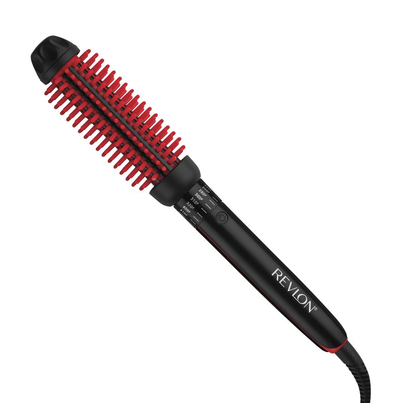 REVLON SmoothStay Coconut Oil Infused Heated Styling Brush, 1 Inch Thermal Round Curling Tool, Silicone Bristles, Adjustable Temperatures, Shiny Voluminous Finish, Black/Red