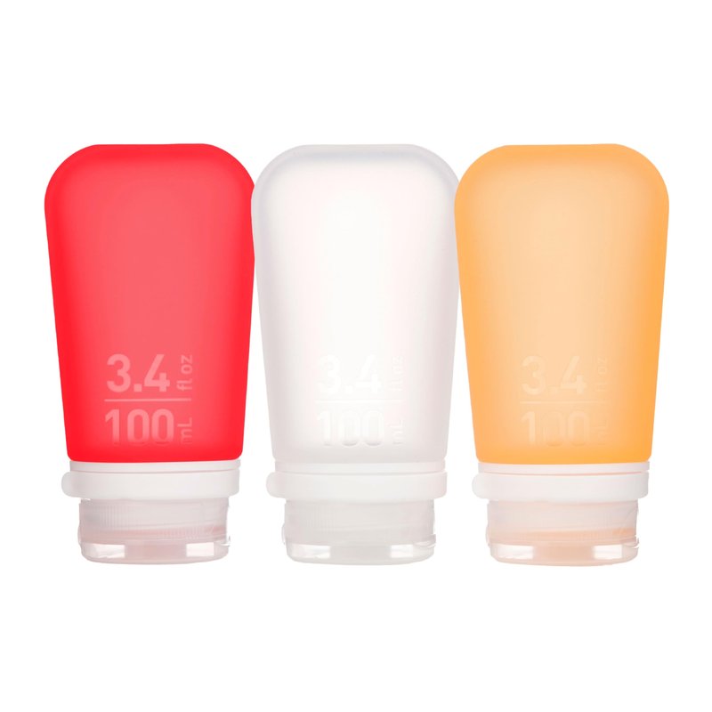 humangear GoToob+ Bottles - Silicone Leak-Proof Travel Tubes for Toiletries, Camping & TSA Carry-On (3-Pack), Large (3.4 fl oz; 100ml), Clear/Red/Orange