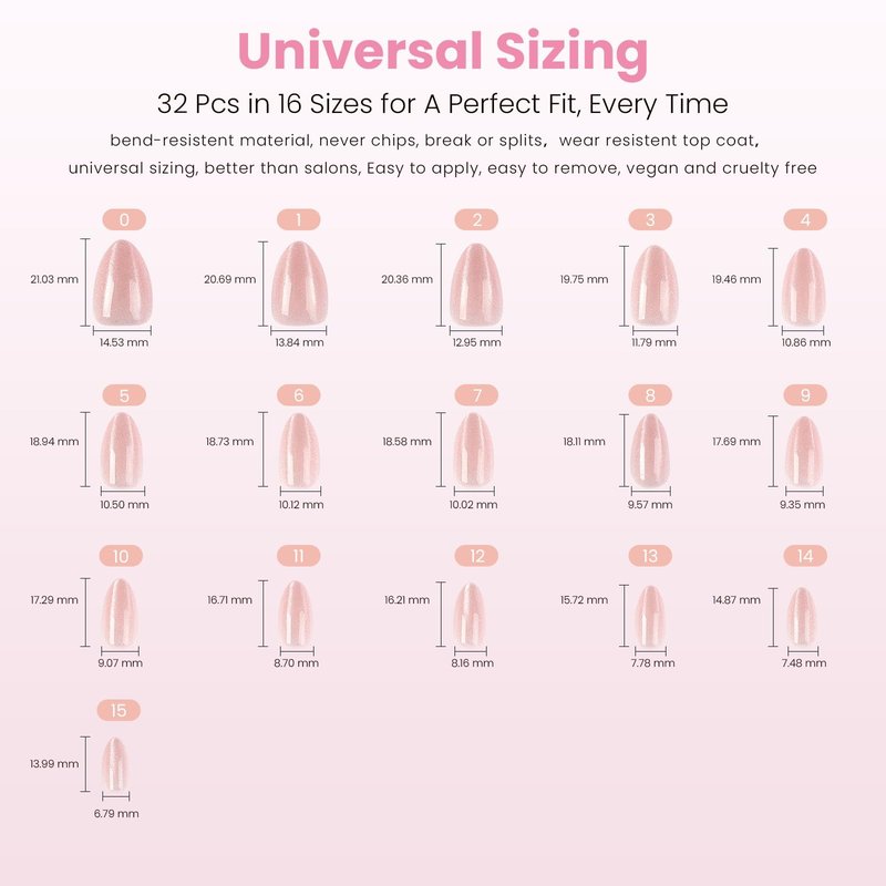 Nail Reformation Press On Nails, Soft Pink Short Almond Fake Nails with Velvet Cat Eye in Glossy Finish, Salon Quality, Reusable Stick On Nails in 16 Sizes - 32 Nail Kit with Glue, Gifts for Women