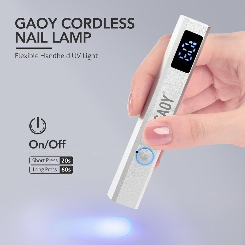 Cordless Nail Lamp - Mini Handheld UV Light with LCD Display | Rechargeable USB Nail Dryer for Fast Curing - Silver
