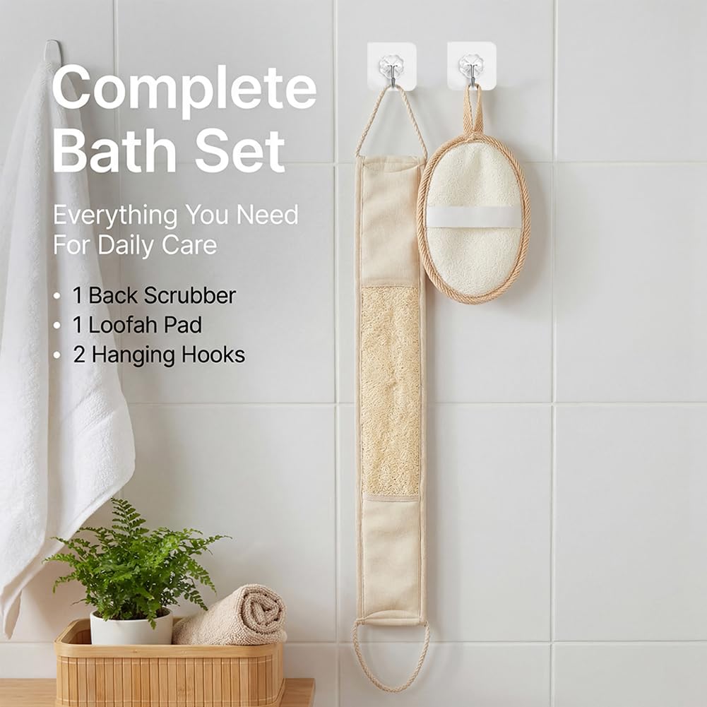 Natural Loofah Shower Back Scrubber Set, luffa Exfoliating Bath Strap, Back exfoliator for Shower, Textured Body Scrubber for Men and Women, with Hooks