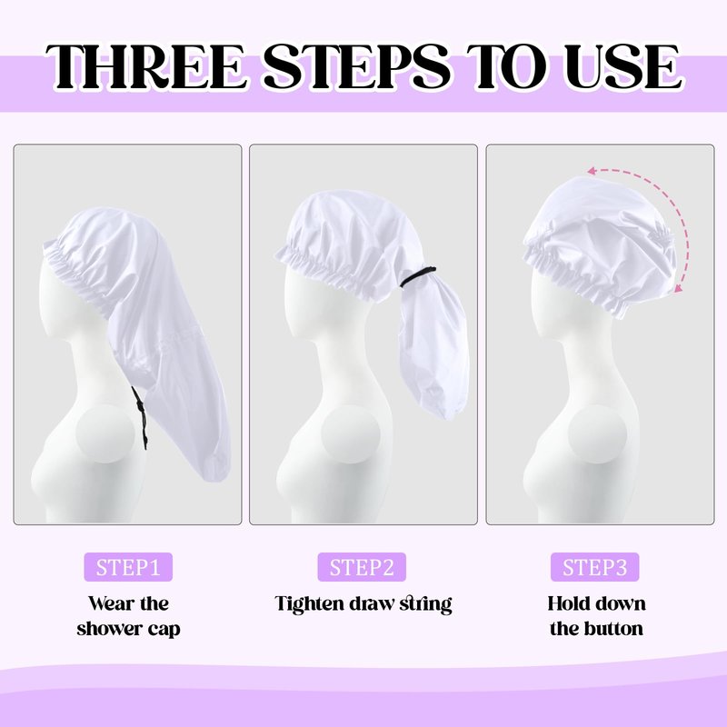 Large Shower Cap for Braids, Extra Long Shower Cap for Women Long Hair & Locs, Waterproof Hair Bonnets for Dreadlocks Drawstring Bath Caps for Women & Men (White)