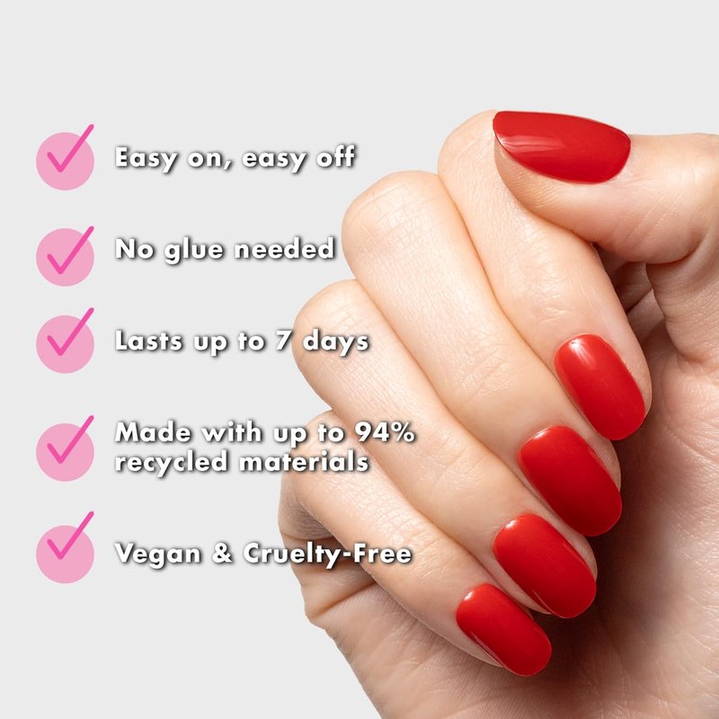 Olive & June Classic Super Stick Mani Press On Nails | No Glue Needed | 32 Tab Nails 16 Sizes | Non-Toxic Tabs Easy On-Off Non-Damaging Realist Look | 7-Day Wear | Short, Round| Lollipop Cherry Red