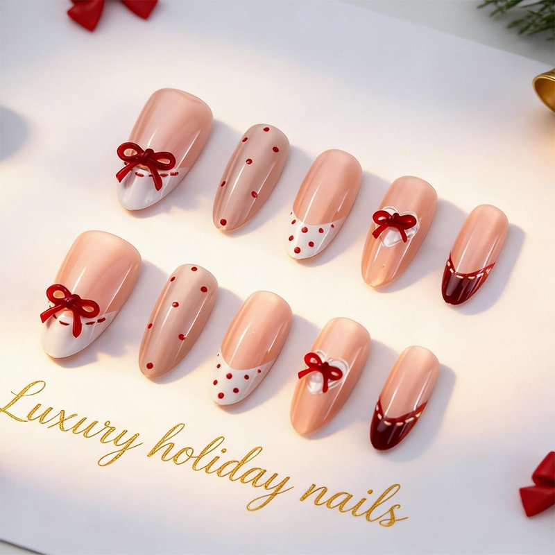 NEWSPIED French Tip Press on Nails Medium Almond Cute Red Bow Fake Nails with Polka Dot & Glitter Design Pink Acrylic False Nails Reusable Full Cover Cute Glue on Nails for Women Manicure 30Pcs