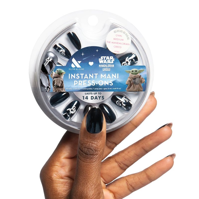 Olive & June Instant Mani Press-On Nails (Glue) | Star Wars: The Mandalorian & Grogu | 42 Fake Nails, 21 Sizes | Non-Toxic, Long-Lasting Up to 14 Days | Medium, Oval | The Mandalorian Creed