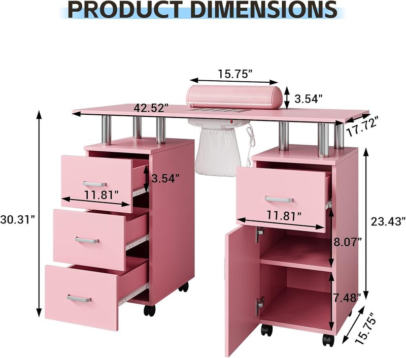 Manicure Table with Storage Cabinets and Drawers, Nail Desk for Nail Tech with Lockable Wheels, Dust Collector Acetone Resistant, Arm Rest for Makeup Spa Beauty Salon Station