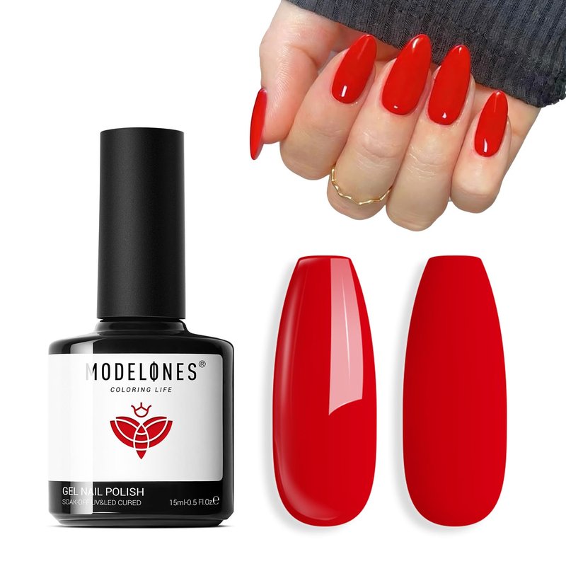 Modelones Red Gel Nail Polish - Ferrari Red Soak Off Formula for DIY Salon Manicure | 15 ML