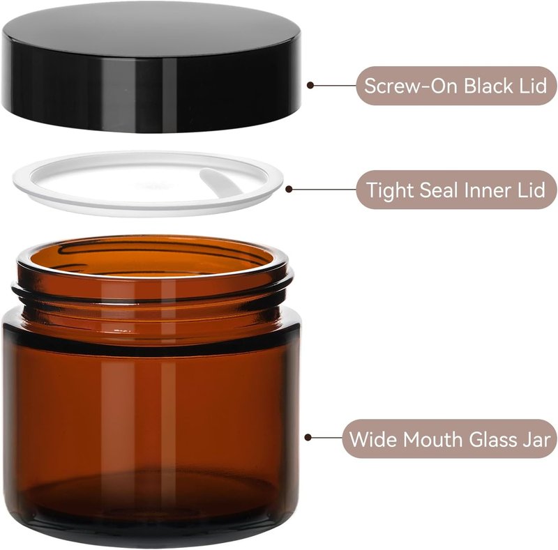 Skiennix 2 Oz Amber Glass Jars - 12 Pack Airtight Cosmetic Containers with Lids for Lotions & Creams