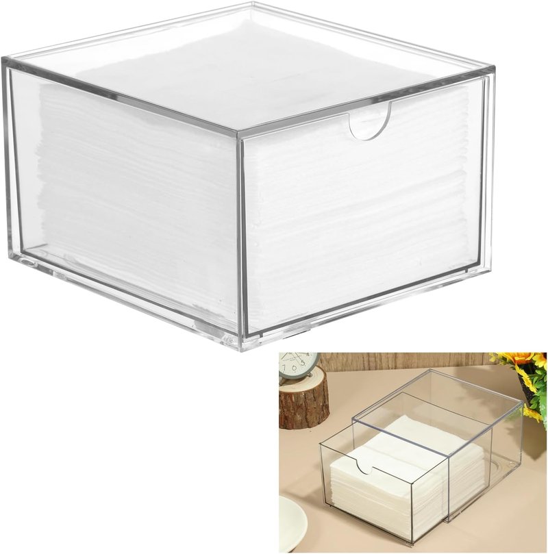 Disposable Face Towel Holder - Stackable Clear Makeup Organizer with Drawer | Vanity Bathroom Storage Solution