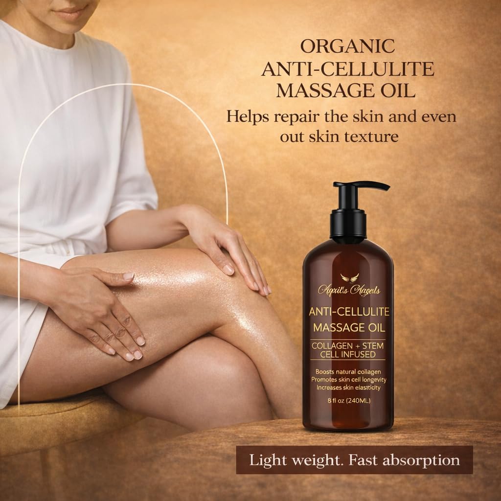 April's Angels Anti-Cellulite Massage Oil with Collagen & Stem Cell Infused. Skin Elasticity, Firmness, Deep Hydration. 8 fl oz