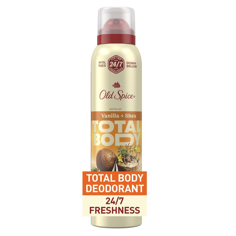 Old Spice Whole Body Deodorant Spray for Men, Aluminum Free, 24/7 Odor Protection, Dermatologist Tested, Gentle on Skin, Safe for Chest, Thighs, Feet, Whole Body Use, Vanilla + Shea Scent, 3.5 oz