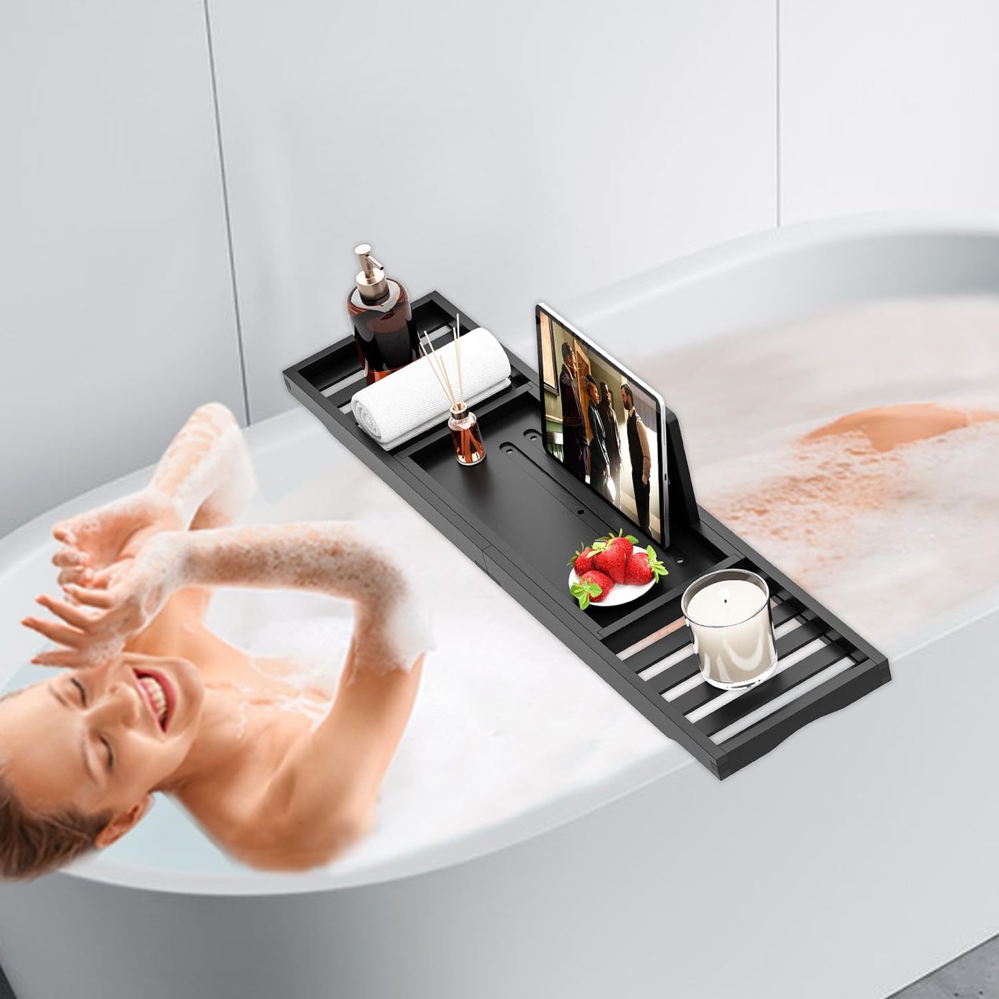 Bathtub Tray Black - Bath Tray Expandable - Bath Table Trays for Bathtub/Tub,Premium Bamboo Wooden, Fits Most Bath Tubs
