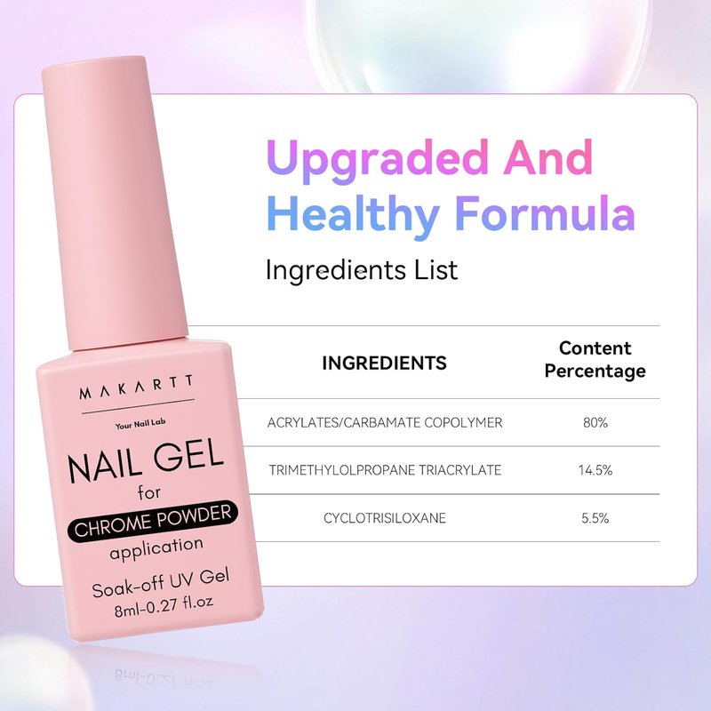 Makartt No Wipe Gel Top Coat - Clear High Gloss Finish for Chrome Nails | 8ml Pink Bottle