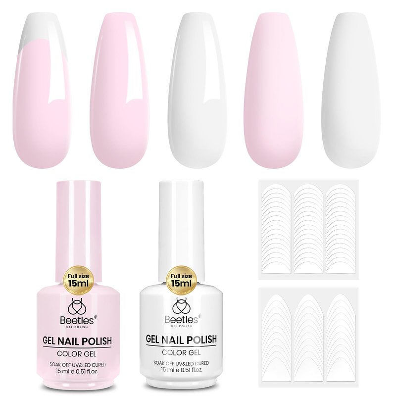 Beetles French Tip Gel Polish Set - Spring White Pink Gel Nail Polish Set 15ML Full Size Soak Off UV LED with 2 Styles Classic French Nail Art Sticker Sheets Manicure DIY Home Salon Gifts for Women