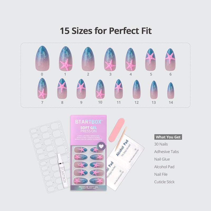 Press On Nails - Star Shore 3D Starfish Blue Cat Eye Almond | Easy Application, 15 Sizes, 30 Nails Kit