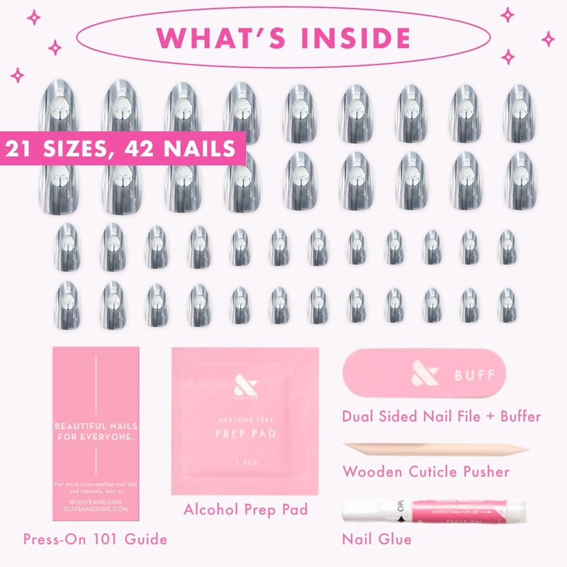 Olive & June Instant Mani Press-On Nails (Glue) | Star Wars: The Mandalorian & Grogu | 42 Fake Nails, 21 Sizes | Non-Toxic, Long-Lasting Up to 14 Days | Medium, Almond | Dark Saber Holographic Chrome