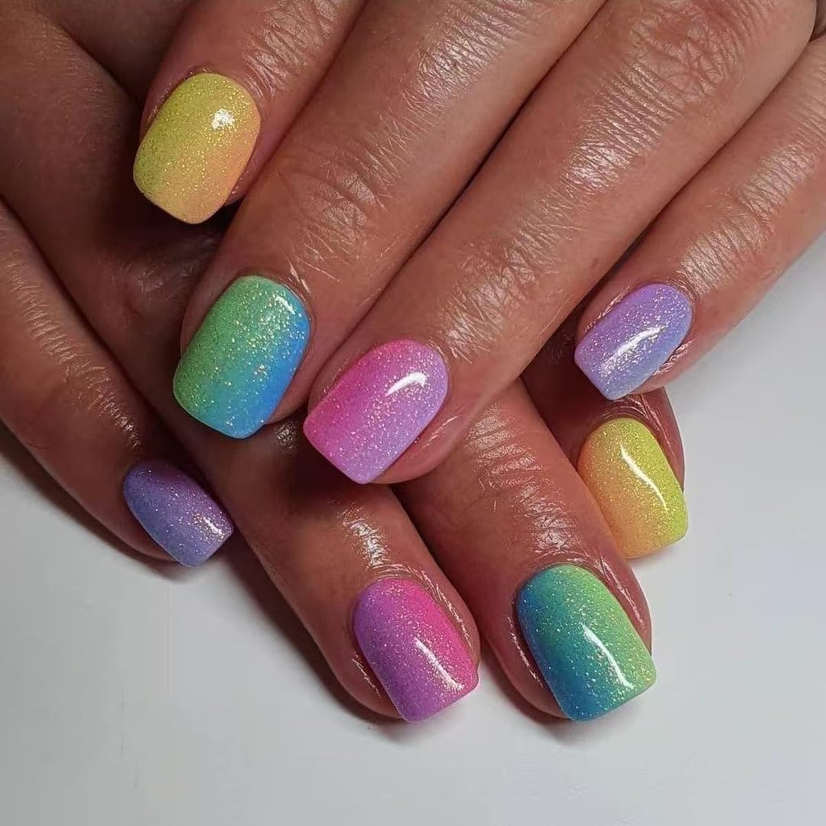 Yefiuo Press-On Nails | Short Square Ombre Acrylic Nails in Rainbow Colors | 24-Piece Reusable Kit