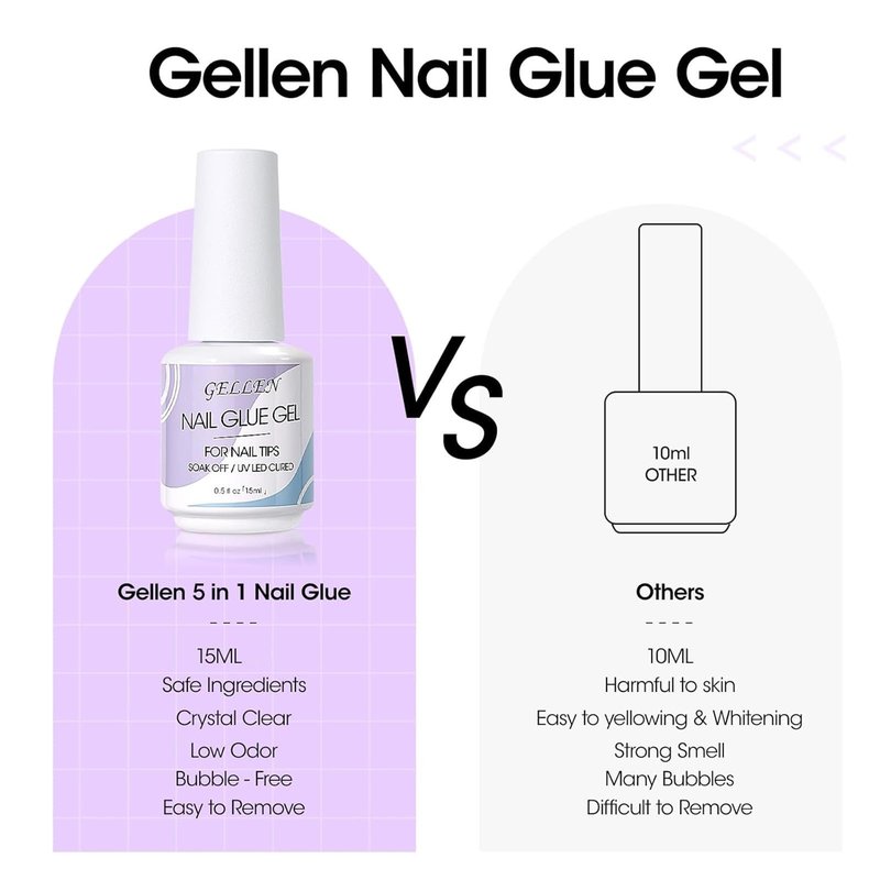 Gellen 5 in 1 Nail Glue for Nail Tips, 15ML Curing Needed UV Glue Gel for Clear Press on & Acrylic Nails, 28+ Days Long Lasting Adhesive Gel, DIY Home Salon Manicure
