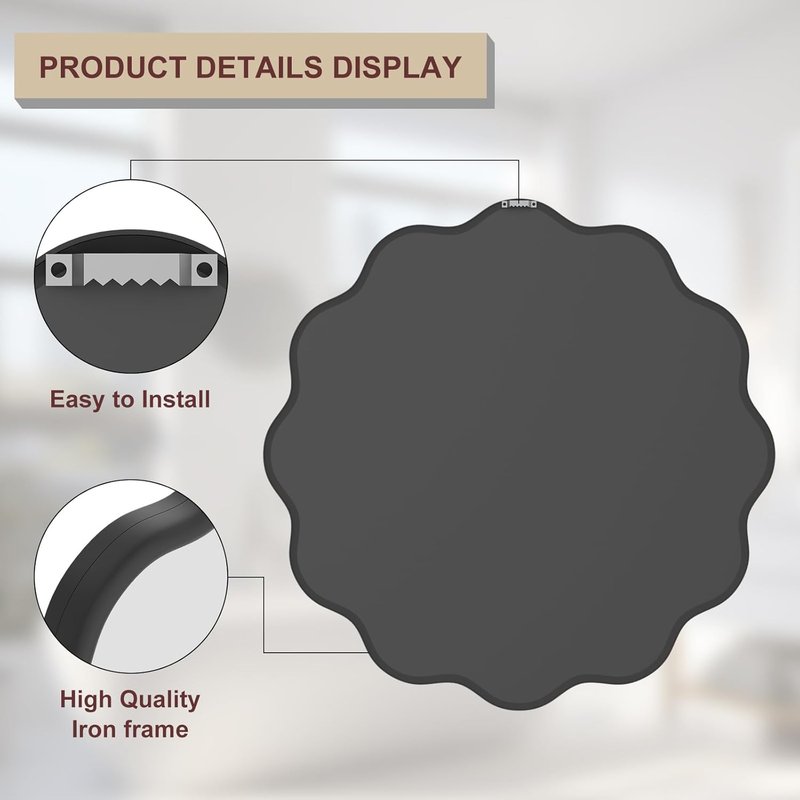 Black Round Bathroom Vanity Mirror - 36 Inch Wavy Design | Modern Wall-Mounted, Anti-Rust Tempered Glass