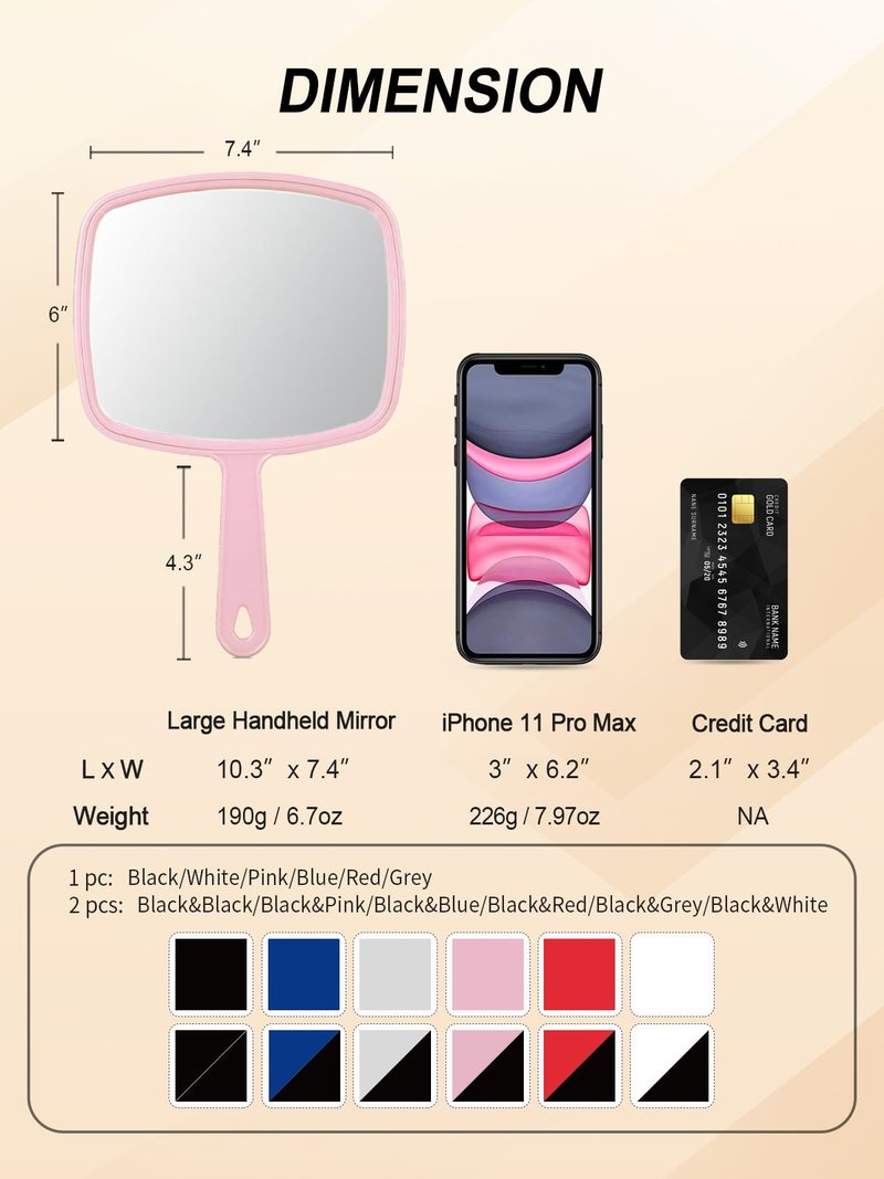 Gladmart Hand Mirror Salon Barber Hairdressing Handheld Mirror with Handle(Square,Black and Pink,7.4 x 10.3 inches)