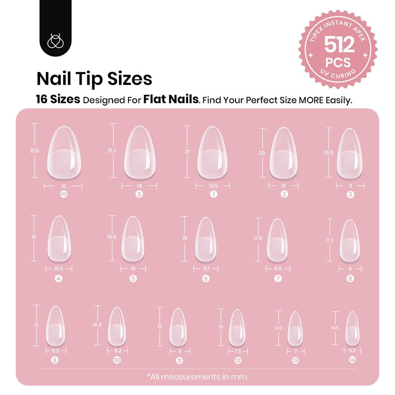 Beetles Tipex Instant Apex Nail Tips Almond Short – Pre-Built & Pre-Etched, Strong & Thick Acrylic, 16 Sizes, 512 Pieces
