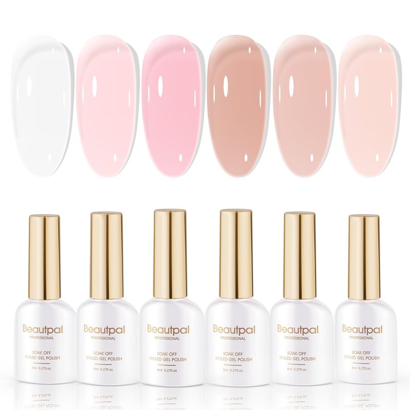 Larvall Beautpal Jelly Gel Nail Polish Set Sheer Nude Jelly Pink Gel Polish Transparent Gel Polish Set for Salon Gel Manicure and Nail Art DIY at Home 8ML 6PCS