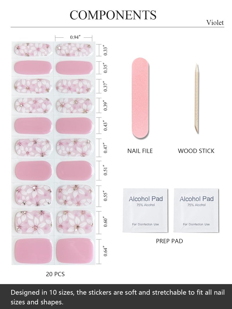 AutyaMee Semi Cured Gel Nail Strips (Violet), Pink Flower, 20 Pcs Gel Nail Wraps, Stickers, Salon Quality, Long Lasting, Works with Any UV Lamps