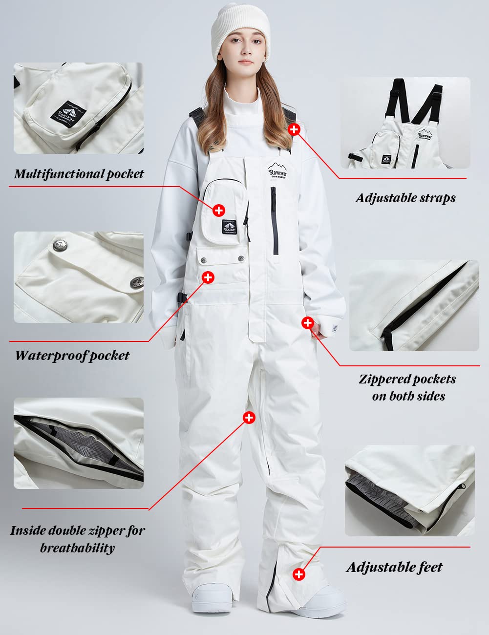 Come Wonka Women and Men's Ski Overalls Waterproof Snow Bibs Ski Pants Windproof Insulated Overalls Pants Outdoor Snowboard Pant White-S