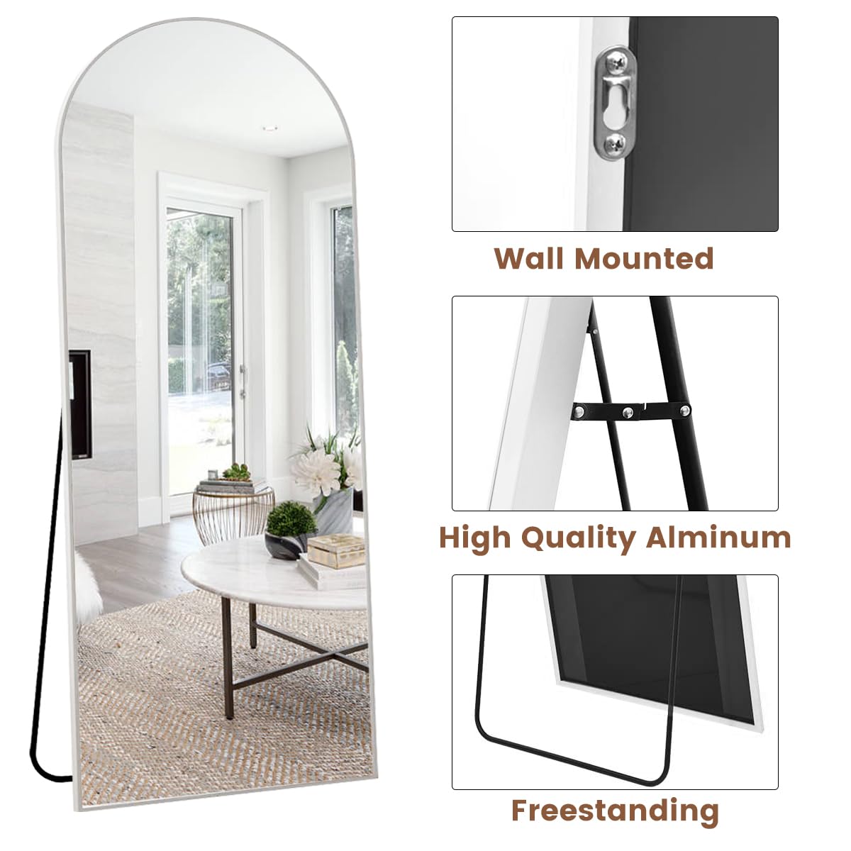 ZMYCZ Mirror Full Length, 71"x26" Arched Full Length Mirror, Arch Mirror with Stand, Large Standing Mirrors, Oversized Full Body Mirrors with Aluminum Frame for Bedroom, Living Room (White)