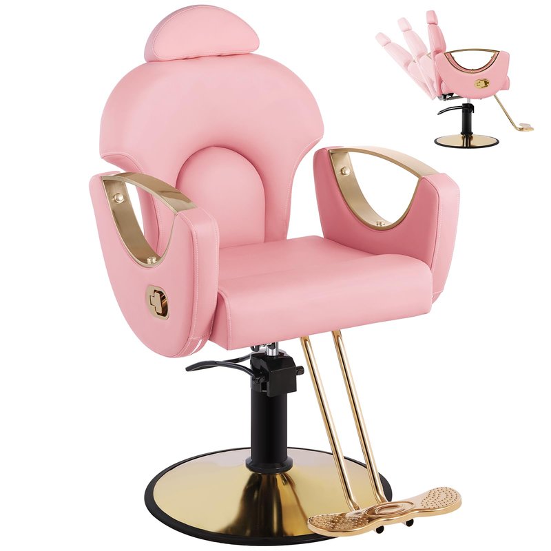 Salon Chair Barber Chair for Hair Stylist, Hair Chair with Height Adjustable Heavy-duty Hydraulic Pump,360° Swivel Multi-Function Beauty Hairdresser Shampoo Tattoo Armchair for Barbershop, Pink Gold