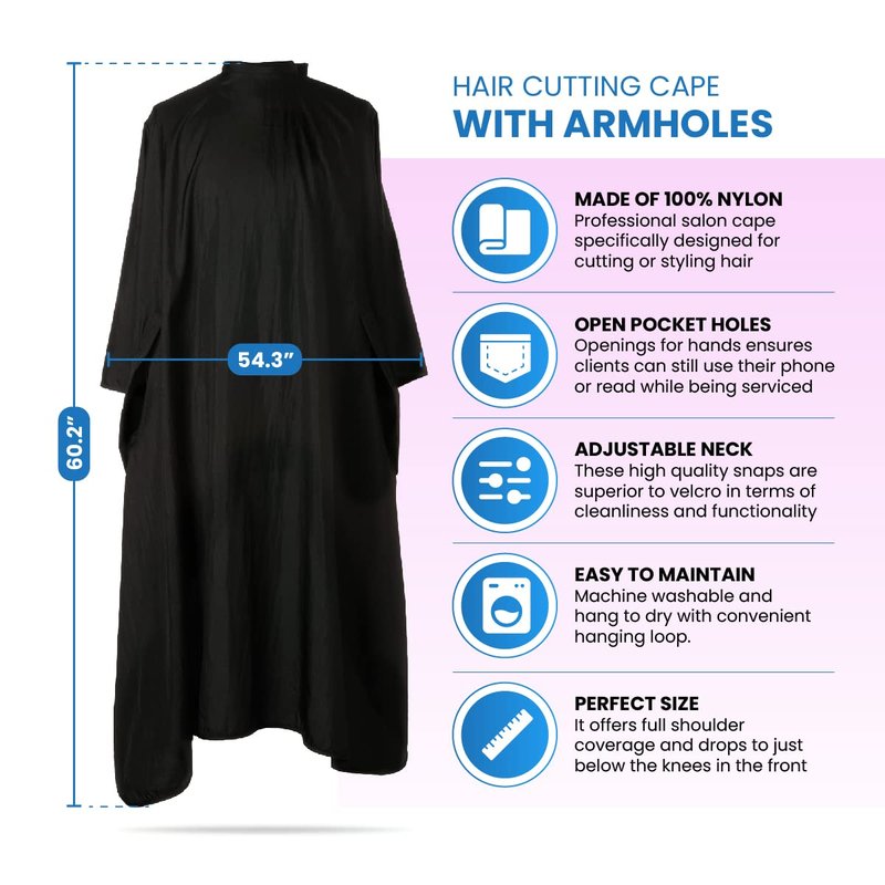 Regine Switzerland Hair Cutting Cape - Lightweight, Water-Resistant Black Salon Smock with Armholes for Professional Use