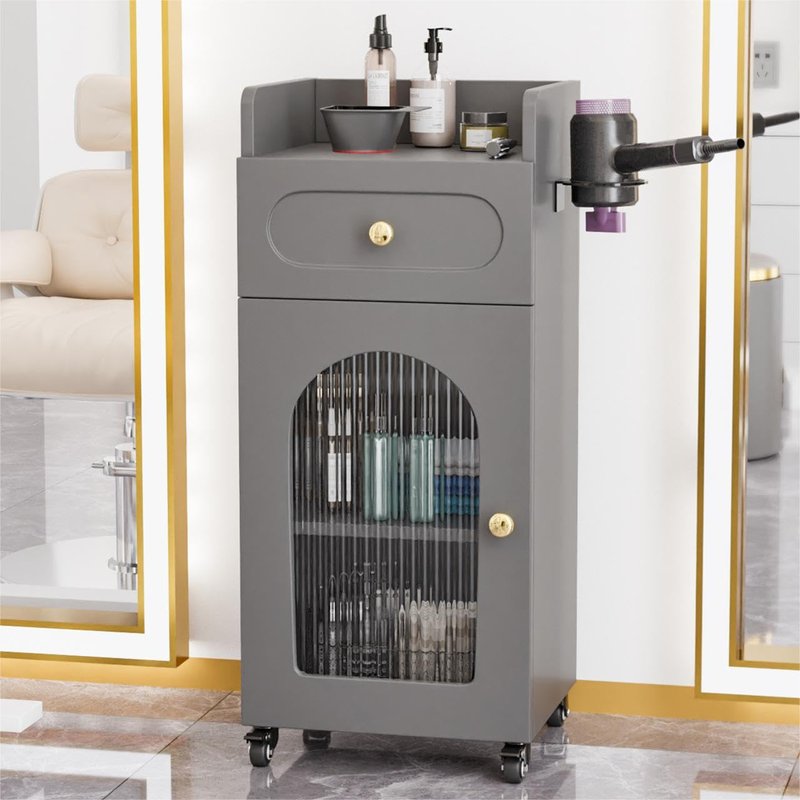 Salon Cart with Wheels & Adjustable Shelf, 3-Tier Rolling Beauty Trolley for Hair Stylist, Barber, Esthetician, Storage Cabinet w/Glass Door & Hair Dryer Holder, Mobile Station for Spa, Tattoo (Gray)