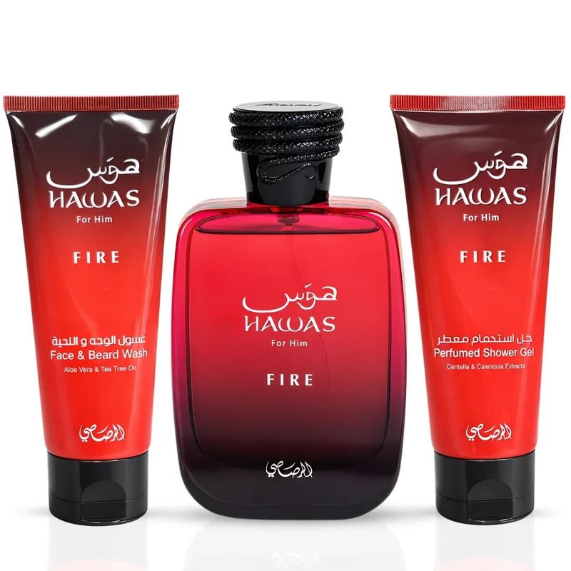 RASASI Hawas Fire For Men - 3-Piece Gift Set with Eau De Parfum, Face & Beard Wash, Shower Gel | 100ml (3.4 Oz)