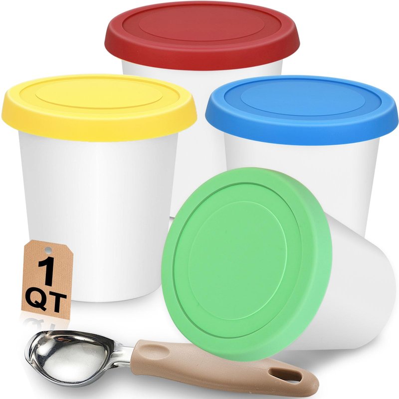 4 Pack Ice Cream Container Set (1 Quart Each) - Reusable Ice Cream Freezer Storage Tubs with Silicone Lids and an Ice Cream Scoop for Homemade Ice Cream, Sorbet and Gelato, Dishwasher Safe, BPA Free