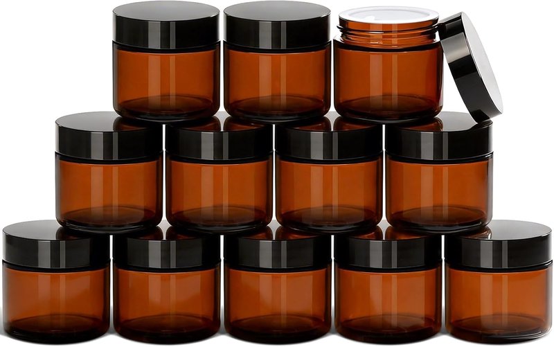 Skiennix 2 Oz Amber Glass Jars - 12 Pack Airtight Cosmetic Containers with Lids for Lotions & Creams