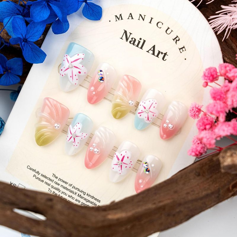 Skiennix 3D Flower Press On Nails - Handmade Pink & Blue Almond Nails with Pearl & Rhinestone | Reusable Acrylic for Spring/Summer Parties