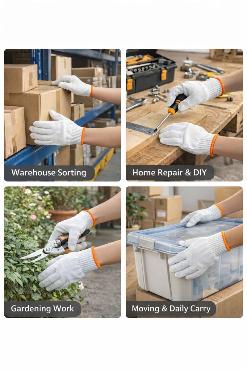 EIRUN 12 Pairs White Cotton Work Gloves, Reusable Soft Cotton Knit Gloves for Men & Women, Washable Inspection Gloves for Jewelry, Coins, Warehouse & Packing, Breathable Fit with Orange Cuff