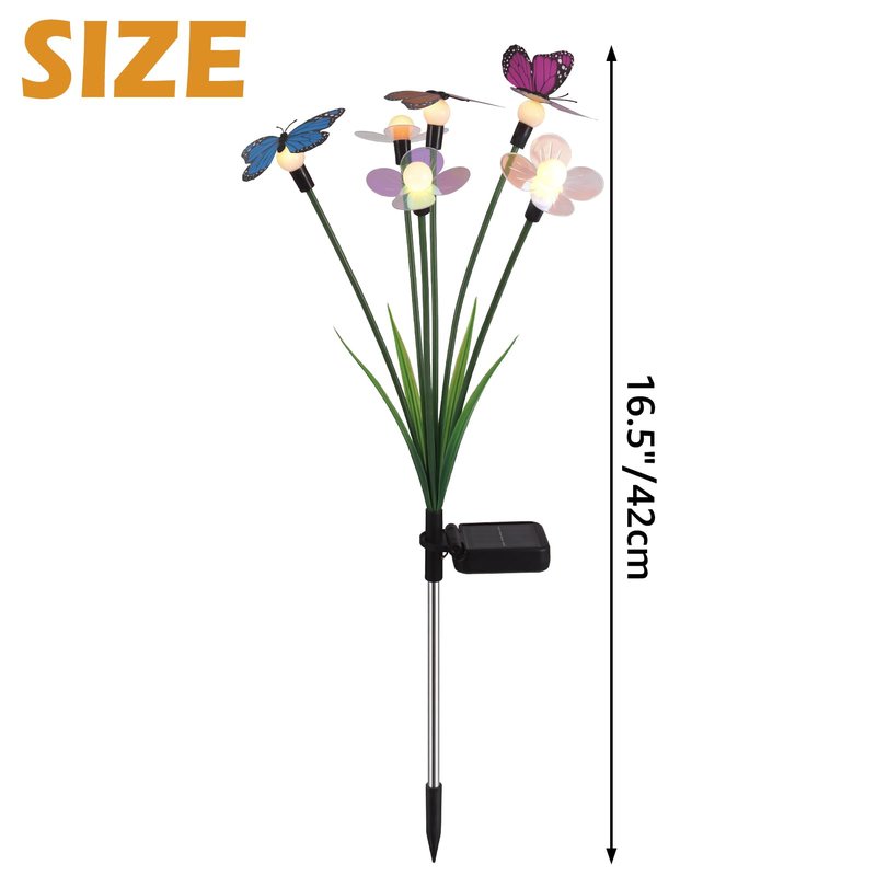 Hoikwo Solar Garden Flower Lights 4 Pack, Swaying Butterfly Flower Stakes Outdoor, Lifelike Butterflies and Flowers with 6 LED Warm Lights, Solar Lights Decor for Yard, Patio, Garden, Pathway