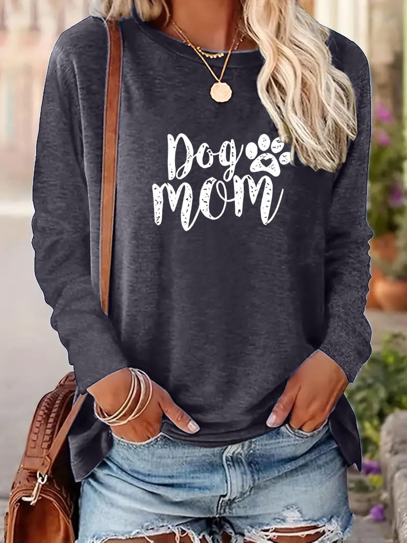 Women's Dog Mom Shirt Cat and Dog Paw Pattern O Neck Long Sleeve Gift Girls Heart Shaped T-Shirt