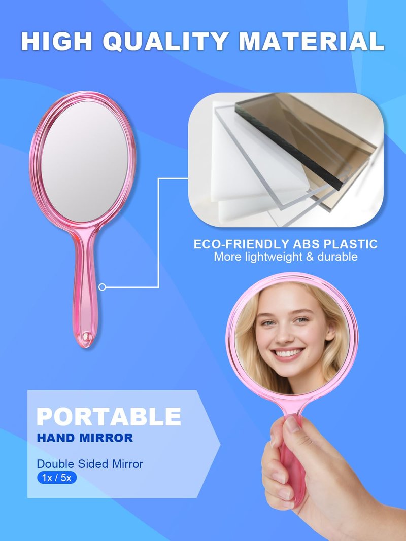 Macaki Handheld Mirror with Handle, 10.5 x 5.7 inches, Double-Sided 1X/5X Magnification Travel Makeup Mirror for Women, Pink