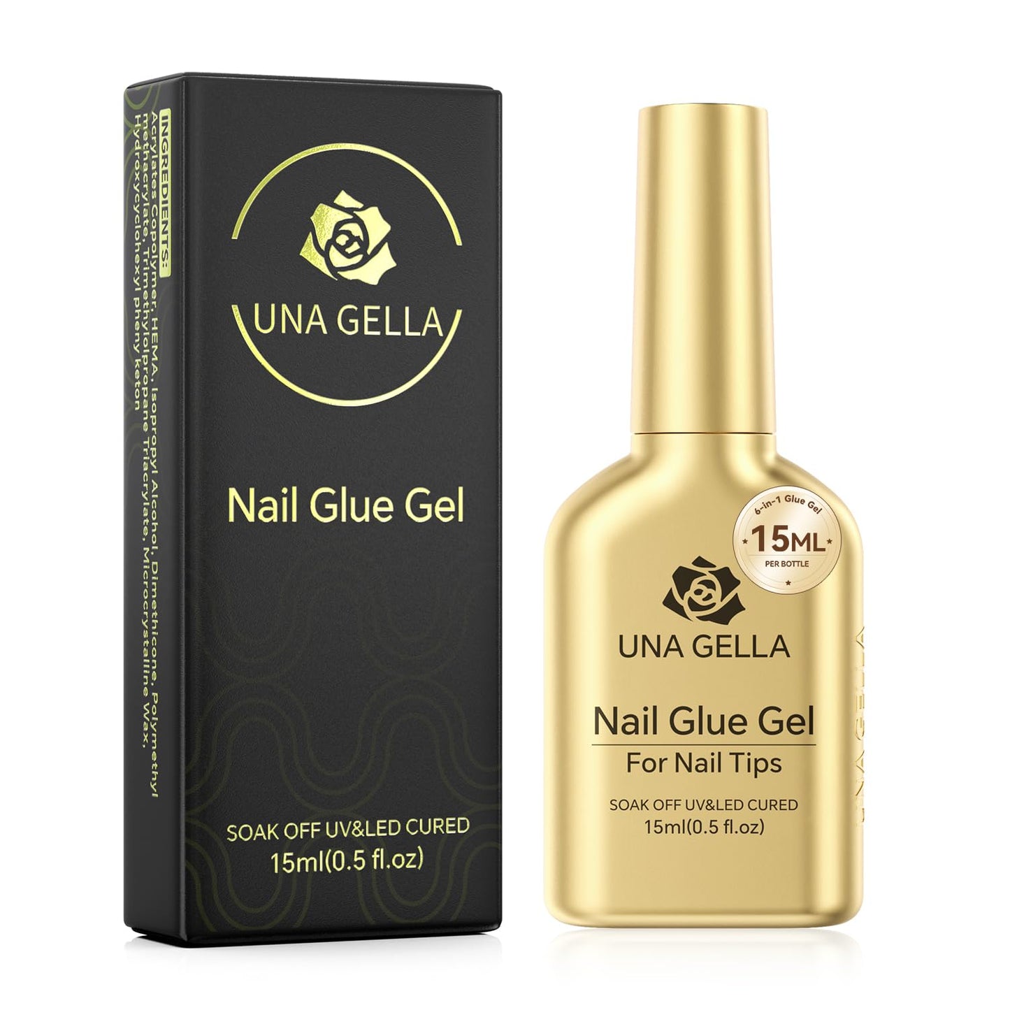 UNA GELLA 6 in 1 Gel Nail Glue - Long-Lasting Clear Acrylic Nail Adhesive, 15ml, Super Strong Brush