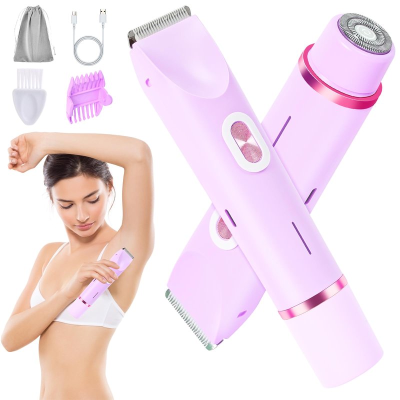 2 in 1 Electric Razors for Women, Dual Head Bikini Trimmer with Carrying Case, Ipx7 Waterproof Trimmer Shaver, Ladies Hair Removal for Face Armpit Pubic Hair Leg, Easy Cleaning and Ceramic Blade