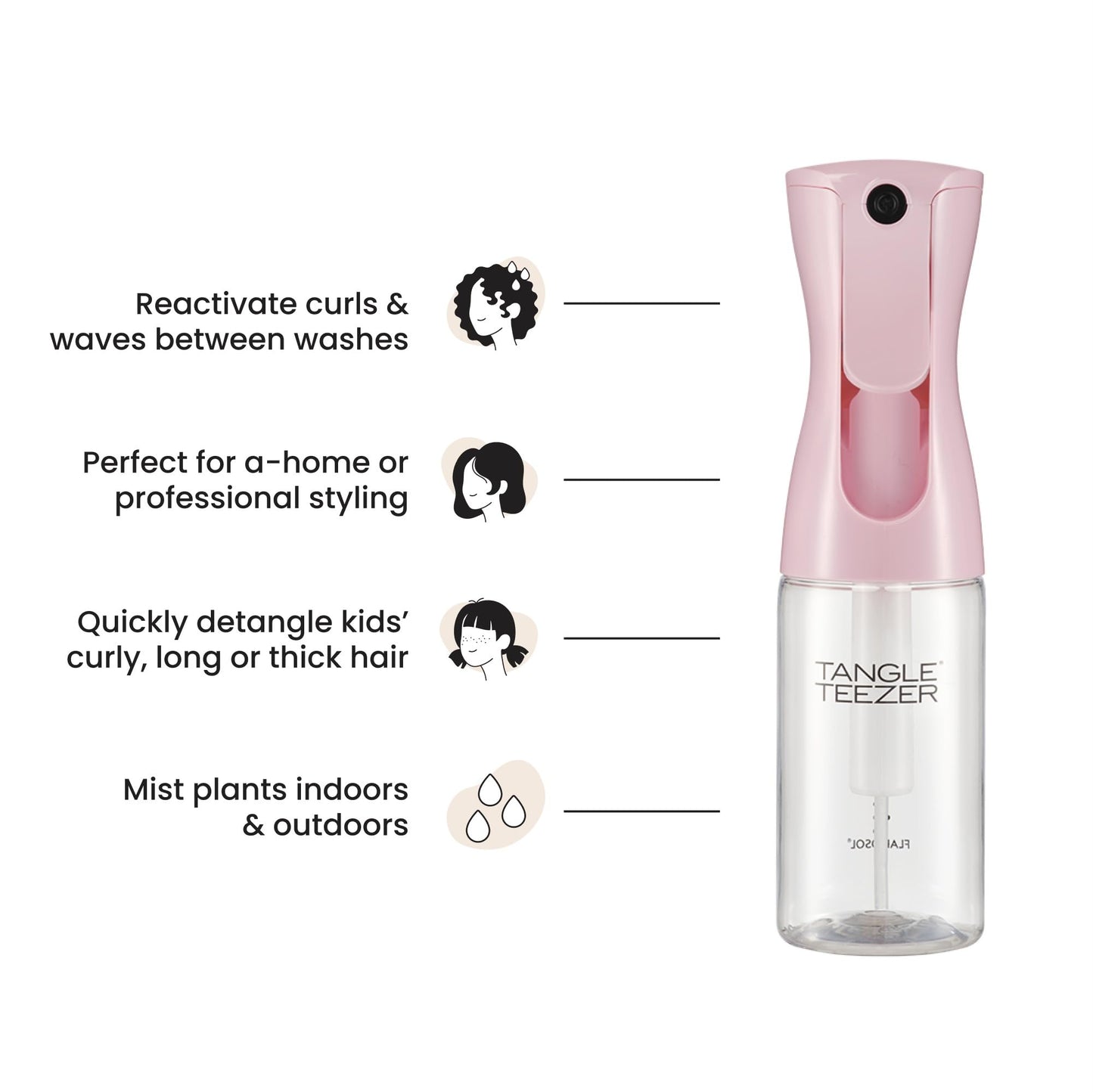 TANGLE TEEZER Travel-Size Fine Mist Continuous Spray Bottle, Reusable and Refillable, for Hair Detangling and Styling, 6.1 oz, Millennial Pink