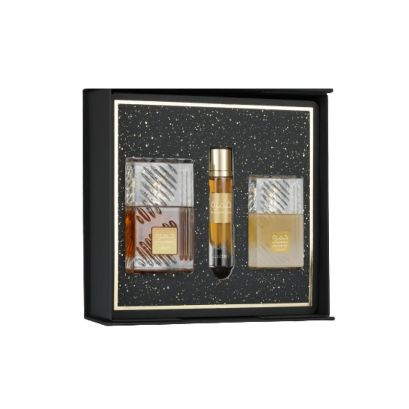 Lattafa Khamrah | Eau De Parfum Gift Set with 100ml Perfume, 12ml Travel Spray & 50ml Hair Mist