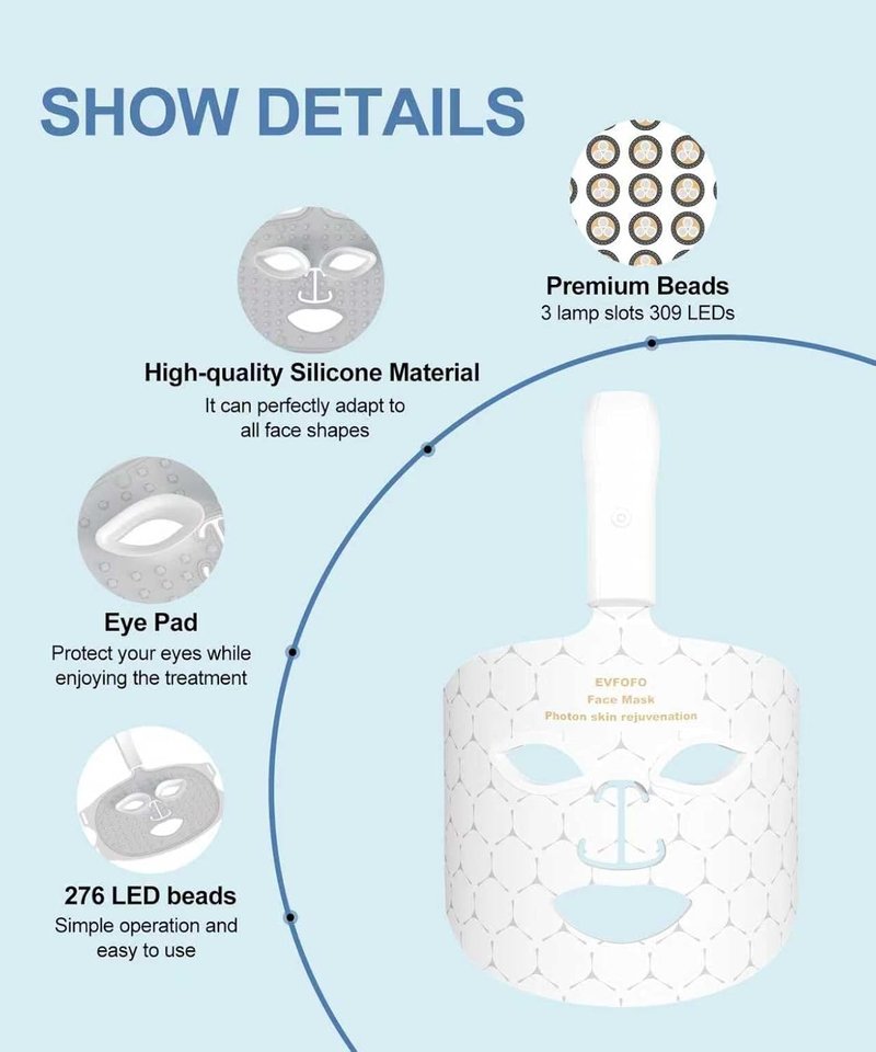 EVFOFO Red Light Therapy Mask - Cordless LED Face Treatment for Skin Rejuvenation & Anti-Aging | USB Rechargeable