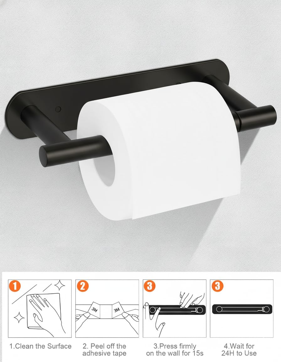 YUET Toilet Roll Holder, Self Adhesive or Screw in Wall Mounted Options, Double Post Pivoting Tissue Roll Holder, Stainless Steel Rustproof Stick On No Drilling Wall Mount for Bathroom, Matte Black
