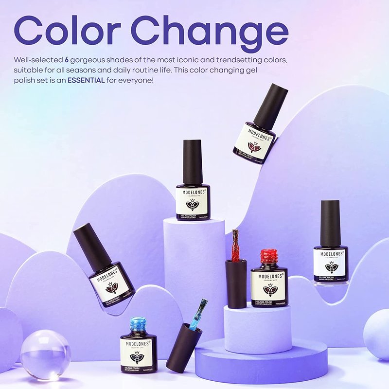 MODELONES Mood Gel Nail Polish Set Temperature Color Changing Gel Colors Collection Red Blue Glitter Gel Polish Soak Off 6 Colors Christmas Gifts New Year Holiday Salon DIY at Home