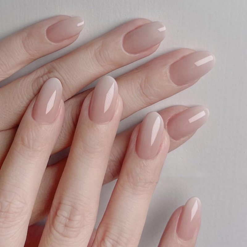Round Press on Nails Short Fake Nails Nude White Nails Press ons with Solid Color Design Glossy Acrylic Full Cover Reusable Stick on Nails for Women Girls Daily Manicure 24Pcs