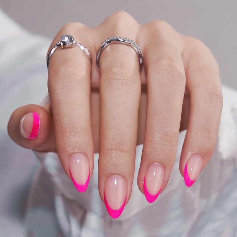 BTArtbox French Tip Press On Nails - Hot Pink Almond Shape | 32 Soft Gel Fake Nails Kit in 16 Sizes